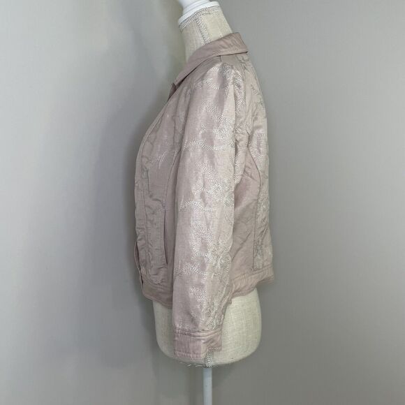 Chico's Linen Pearlized Embroidered Pink Blush Full Button Jacket Size 1 - Picture 4 of 11